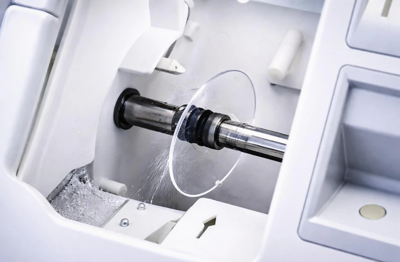 polycarbonate lens being processed by an automatic optical edger